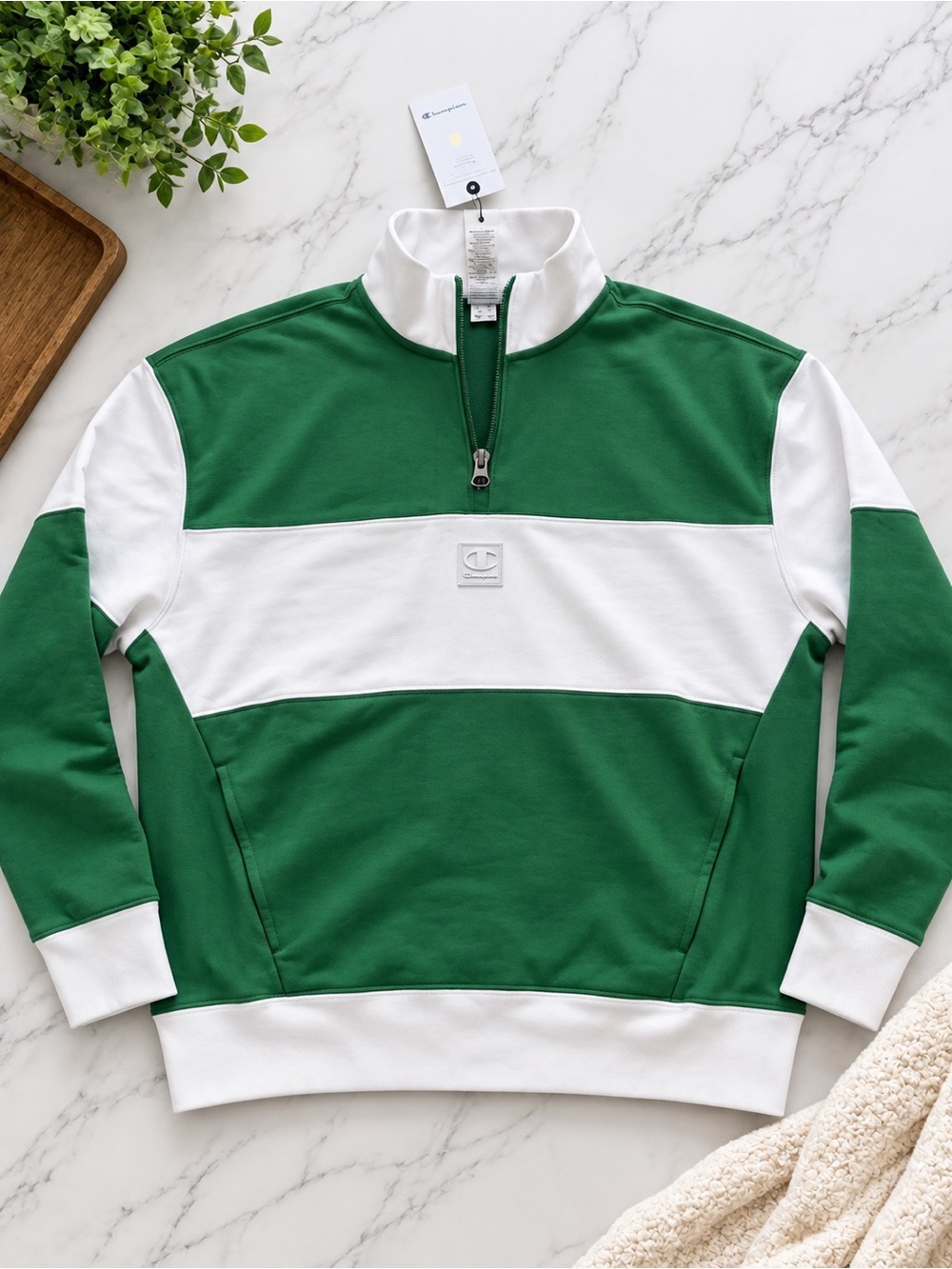 Champion Green & White Half-Zip Pullover Sweater